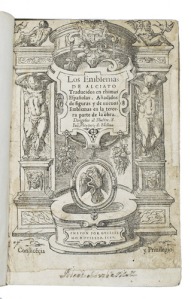 Title page of "Los emblemas de Andrea Alciatto tradcidos en rhimas (Lyon 1549) - image: Forum Rare Books