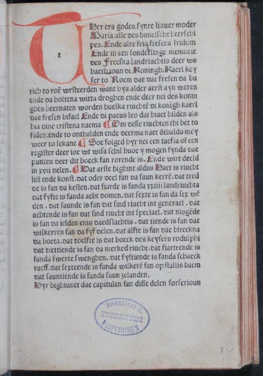 First page of the Freeske Landriucht - copy The Hague, Royal Library, 150 C 36 - image source: Internet Archive