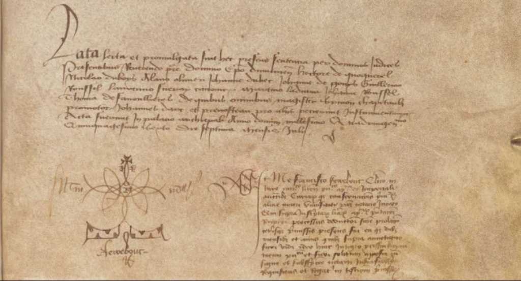 Last page of the nullification trial with the notarial confirmation of the first notary - London, BL, Stowe 84, fol. 182r (detail) - image British Library
