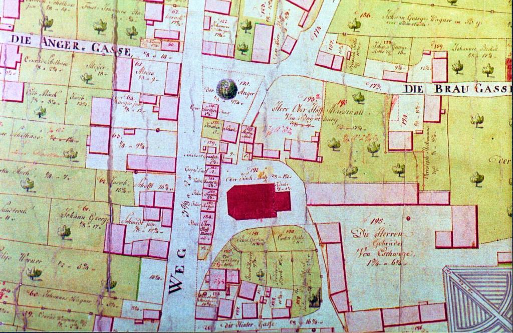 Land registryu map of the village Reichensachsen, 1788, with a vil;age court under a linden tree